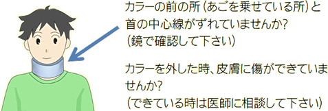 カラーの前の所（あごを乗せている所）と首の中心線がずれていませんか？（鏡で確認して下さい）カラーを外した時、皮膚に傷ができていませんか？（できている時は医師に相談して下さい）